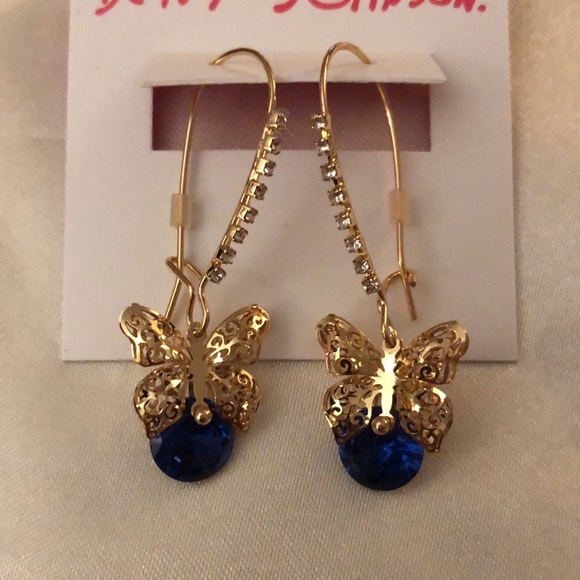 Betsey Johnson Gold Tone Filigree Butterfly With Blue Crystal Drop Earrings NWT - Picture 6 of 9